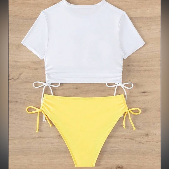 SHEIN Slogan Graphic Drawstring Side Bikini Swimsuit.  2 piece yellow and white - Picture 4 of 7